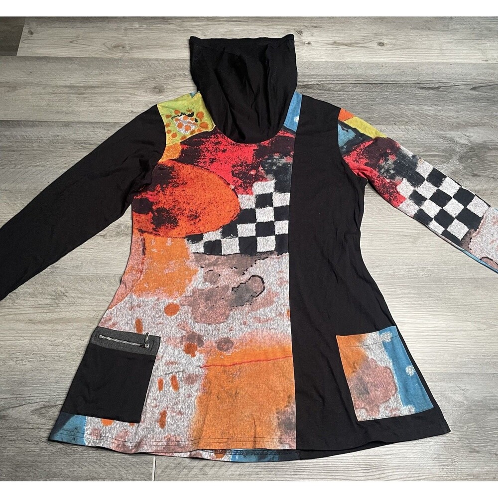 Parsley & Sage Womens Abstract Artsy Cowl Neck Tunic Top Black Lagenlook Sz M